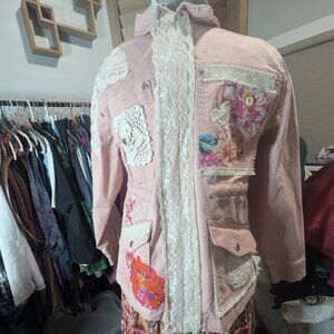 UPCYCLED Pink Embellished Cotton Blend Jacket Artisan Bohemian Size Women's L